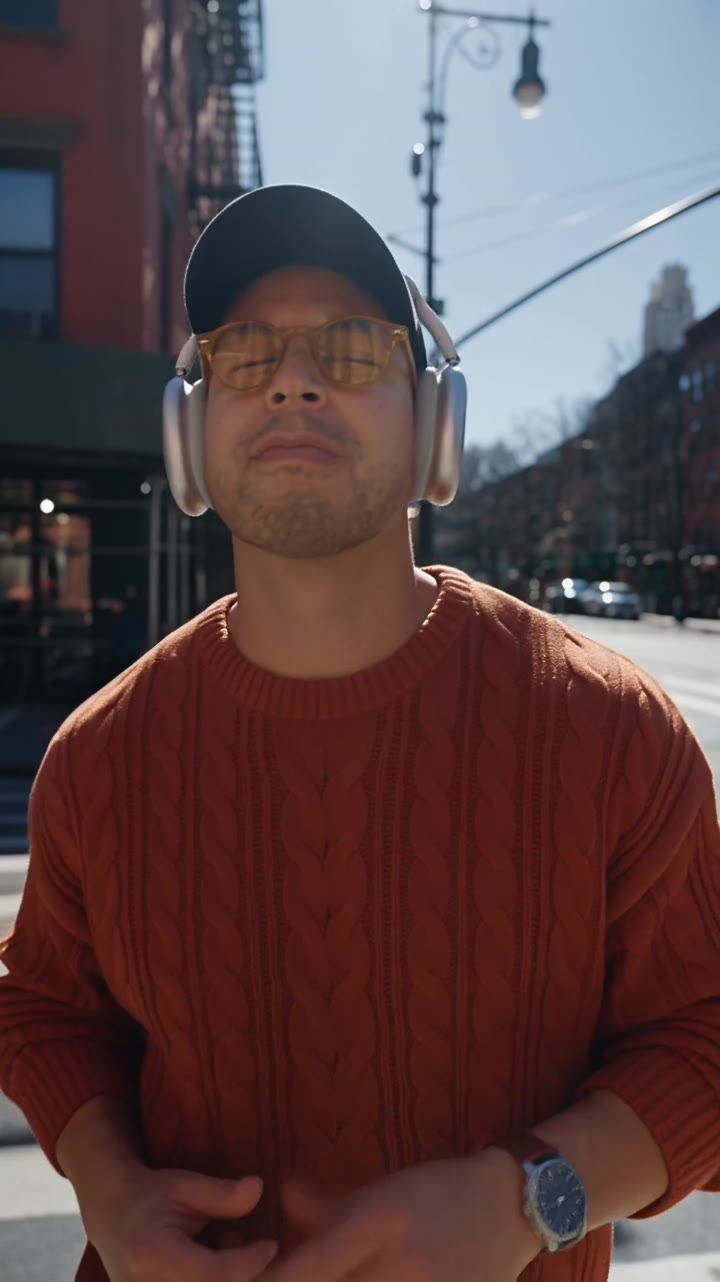 Alan in the finished look: burnt-orange cable-knit sweater, navy cap, silver over-ear headphones and amber sunglasses